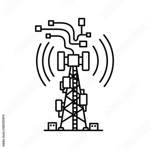 Communication tower with radiating signal waves and digital connections, isolated on