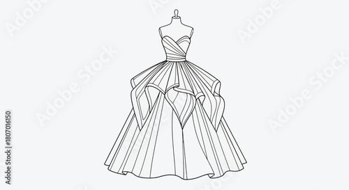 Elegant gown design sketch, strapless sweetheart bodice with flowing layered skirt illustration