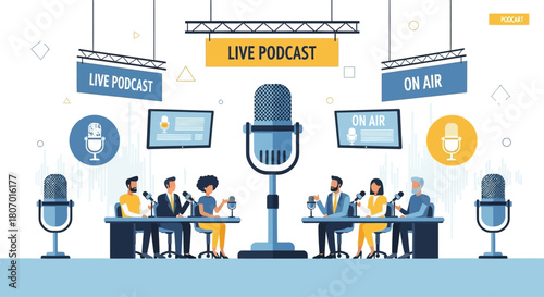 Dynamic studio setup with diverse speakers for interactive live podcast broadcasting