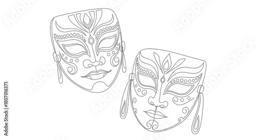 Elegant venetian mask sketches in simple linework showcasing cultural celebration
