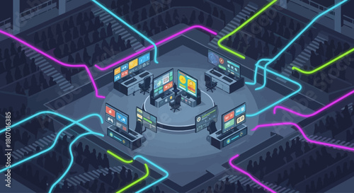 Esports competition venue with advanced gaming setups illuminated by vibrant neon flows