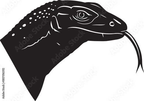 Komodo Dragon Head Silhouette with Tongue Out Animal Vector Illustration