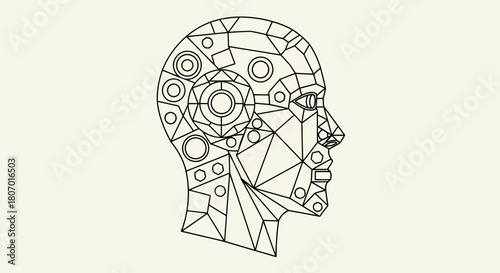 Geometric construct of a human head, revealing inner mechanics and circuit design