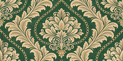 Luxury damask pattern background with decorative ornaments antique elements and golden chains for classic vintage design greeting card invitation or packaging