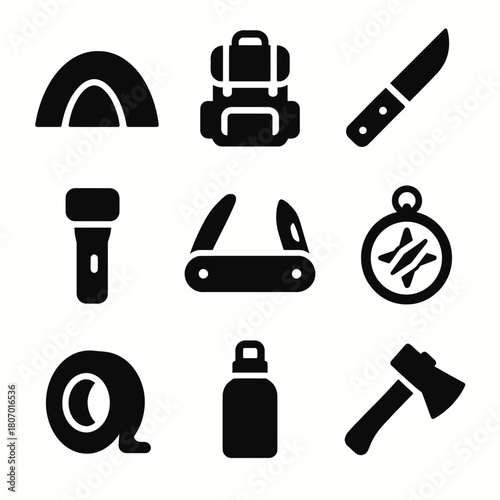 Camping gear icons: tent, backpack, knife, flashlight, multi-tool, compass, tape, water bottle, axe