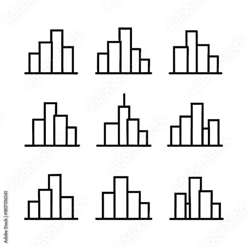 Set of nine minimalist building icons in black and white