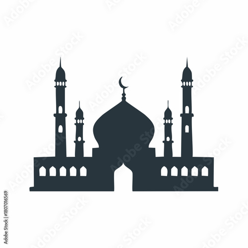 Silhouette of a mosque with a central dome and multiple minarets, featuring a crescent moon on top.