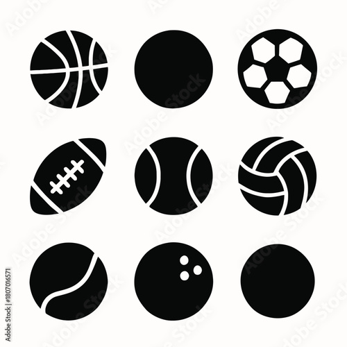 Collection of nine black sports ball icons on white background