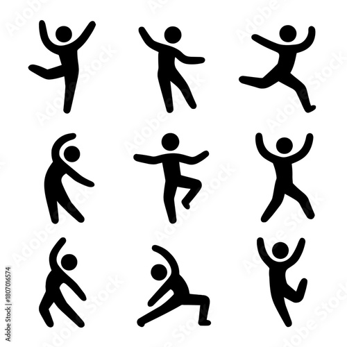 Simple stick figure poses illustrating various dance and exercise movements
