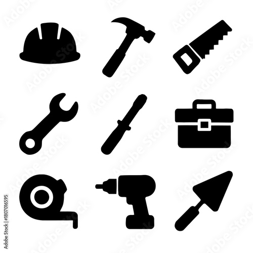 Assorted construction tools silhouettes: hammer, hard hat, toolbox, drill, saw, wrench