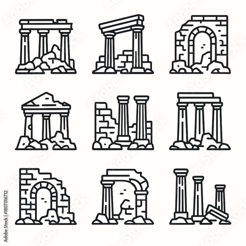 Ancient ruins icons set featuring columns and arches