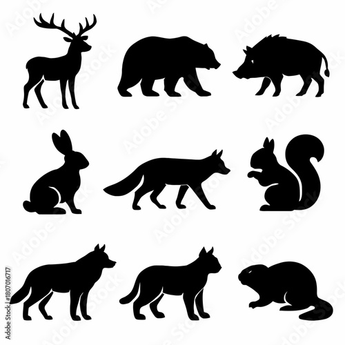 Silhouettes of forest animals: deer, bear, boar, rabbit, fox, squirrel, wolf, beaver