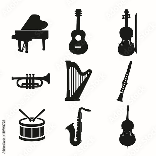 Silhouette icons of classical musical instruments on white background