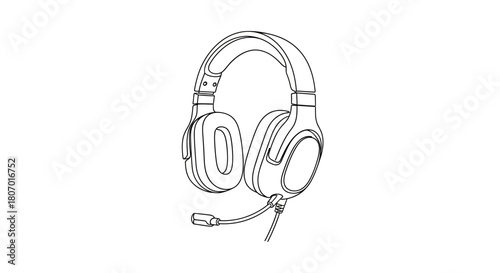 Headset line art illustration on white background showcasing audio equipment for gaming and