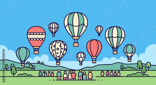 Illustrated hot air balloon festival with spectators in a whimsical landscape and clear blue sky