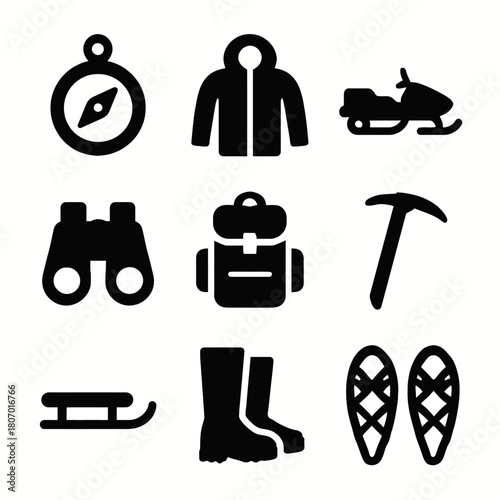 Set of winter adventure icons: compass, snowmobile, jacket, binoculars, backpack, ice axe, sled, boots, snowshoes