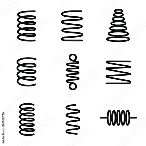 Variety of black coil spring icons in different shapes and orientations on white background