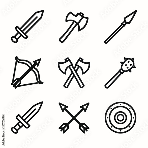 Medieval weapons icons set featuring sword axe spear bow shield