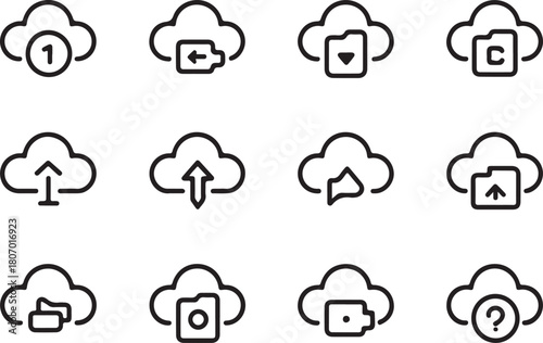 Cloud sync system of digital file management line art icon set. Flat black color editable line vector illustration