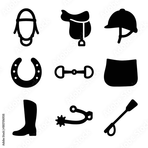 Equestrian gear icons: saddle, bridle, helmet, and more