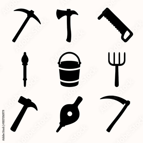 Silhouette icons of hand tools: axe, pickaxe, saw, hammer, hoe, bucket, trowel, rake, bellows