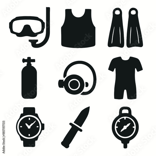Scuba diving equipment icons: mask, tank, wetsuit, flippers, watch, knife