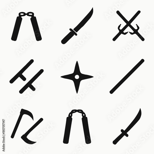 Collection of martial arts weapons: nunchaku, sai, shuriken, katana