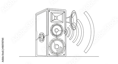 Line art illustration showcasing stereo speakers and amplified sound waves, enhancing acoustics