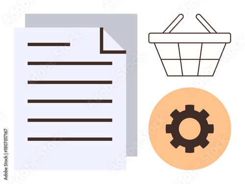 Abstract visual of a paper document, a shopping basket, and a gear representing workflow, commerce, and system settings. Ideal for organization, e-commerce, workflow, configuration automation