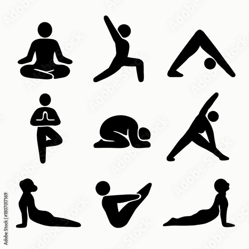 Silhouette yoga poses set: meditation, flexibility, balance, stretching