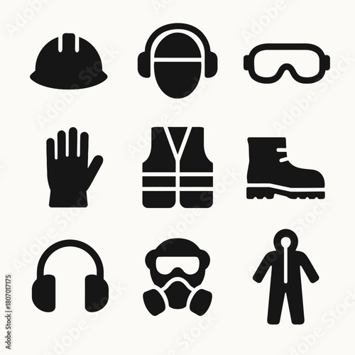 Safety equipment icons: helmet, headphones, goggles, gloves, vest, boot, mask, suit