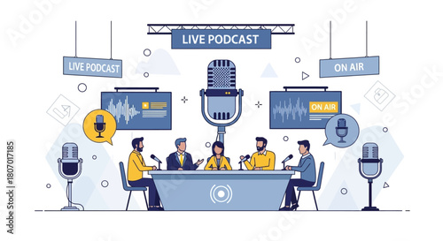 Live podcast illustration featuring diverse panel of speakers discussing relevant topics