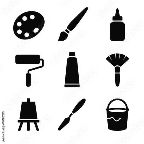 Set of art tools icons: palette, brush, roller, glue, easel, knife, paint tube