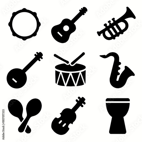 Silhouette icons of musical instruments: tambourine, guitar, trumpet, banjo, drum, saxophone, maracas, violin, bongo