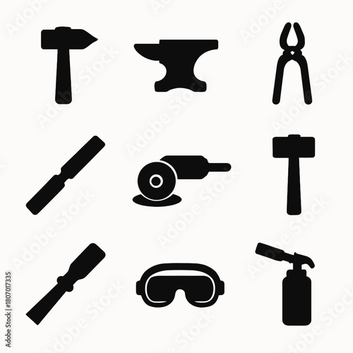 Blacksmithing tools icons: hammer, anvil, tongs, files, grinder, goggles, torch