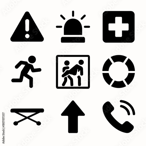 Emergency symbols collection: icons of alert, rescue, and safety assistance