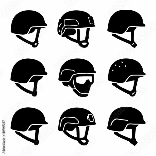 Black silhouette vector set of nine military combat helmets in various styles