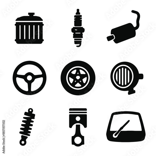 Set of nine black car parts icons: engine, exhaust, wheel, steering, and more