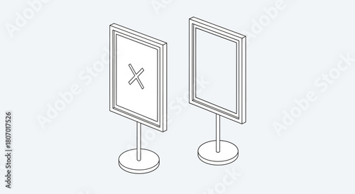 Minimalist line drawing showcasing standing sign holders for information display, one with a