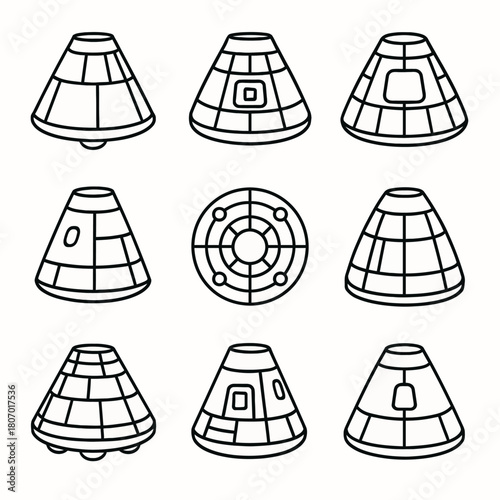 Nine space capsule icons in grid layout - line art collection