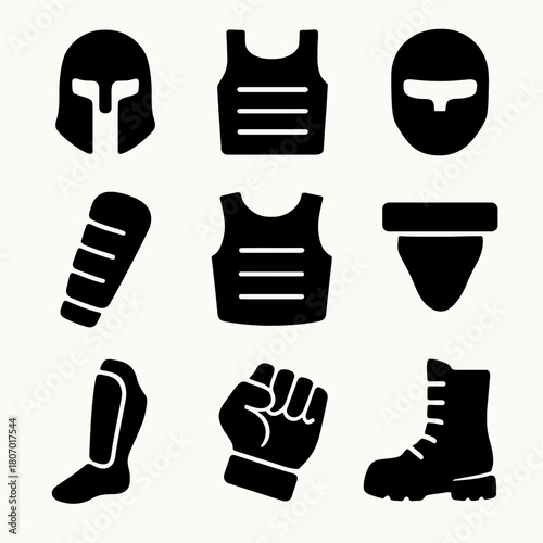 Black silhouette icons of helmets, armor, gauntlets, and boots