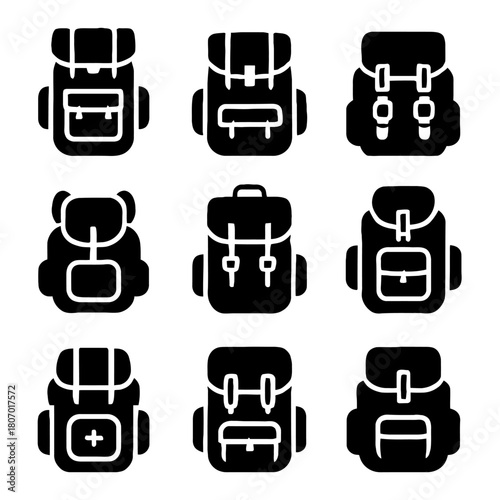 Set of nine black backpack icons with various designs