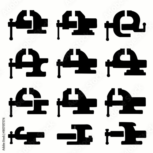 Set of twelve black silhouette bench vises in various designs