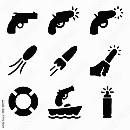 Collection of emergency signal icons including flares and lifebuoy