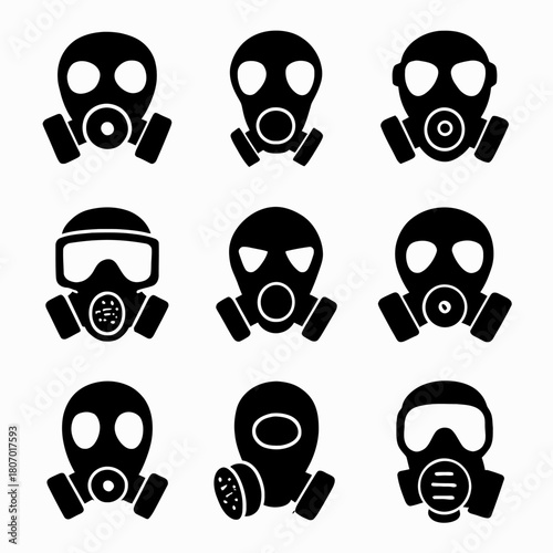 Collection of black gas mask icons in various styles on white background