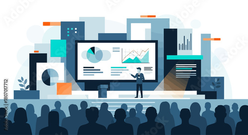 Modern Business Presentation with Abstract Cityscape and Audience Silhouette design