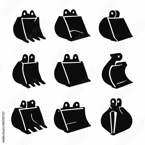 Set of nine black excavator buckets silhouettes on white background