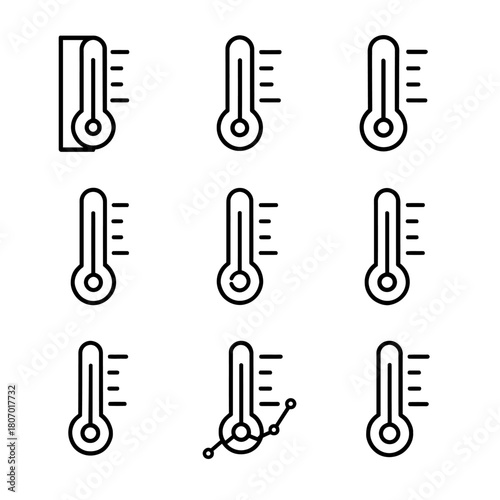 Set of nine thermometer icons indicating temperature changes