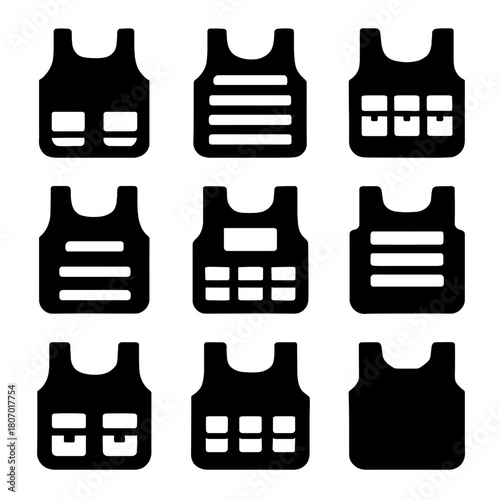 Set of nine black vector bulletproof vest icons for protection and security