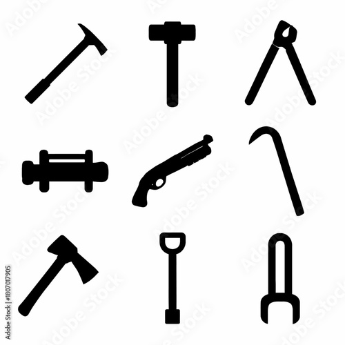 Collection of black silhouettes of tools and weapons in grid layout